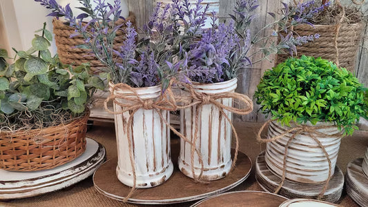 Two Rustic Vases | Faux Lavander Plant | Farmhouse Decor | Kitchen Decor | Tier Tray | Distressed Vases | French Cottage Primative Country