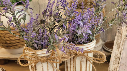 Two Rustic Vases | Faux Lavander Plant | Farmhouse Decor | Kitchen Decor | Tier Tray | Distressed Vases | French Cottage Primative Country